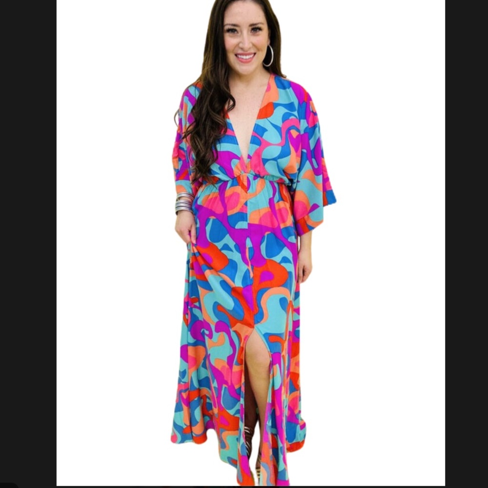 Tyche Multicolor Abstract Print Maxi Dress - Blue, Pink, Orange